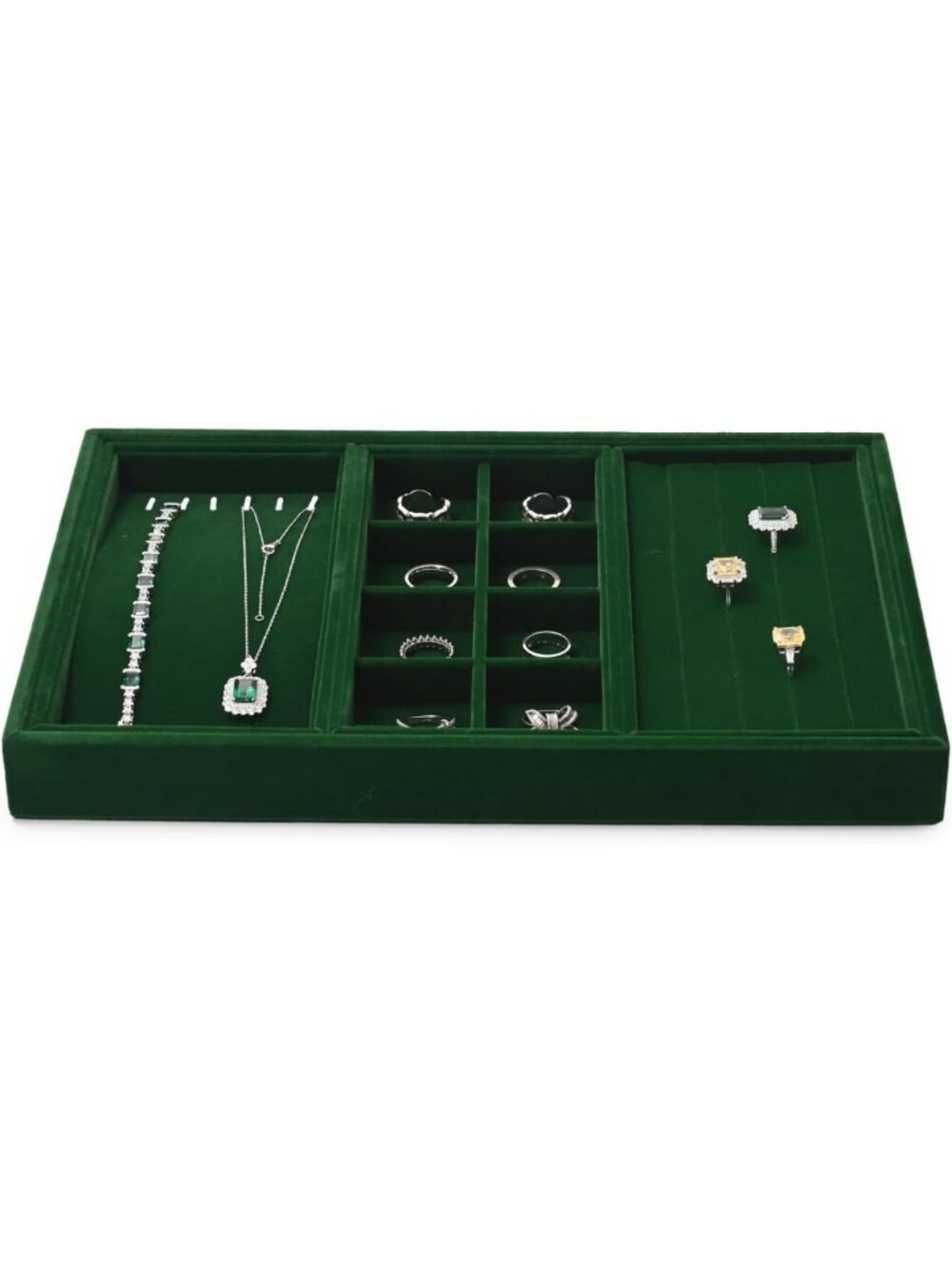 3-in-1 Velvet Jewelry Organizer Tray Set for All Jewelry Types - Green